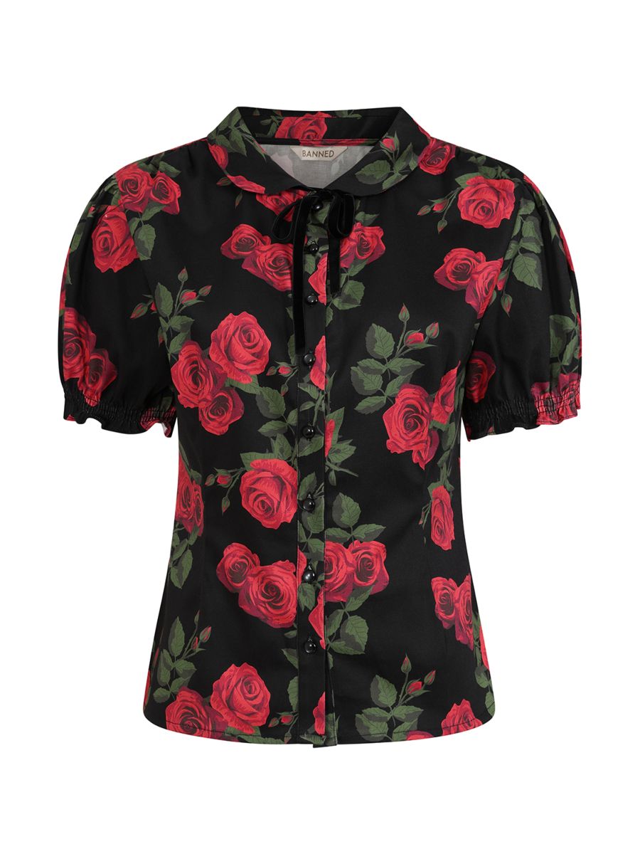 Banned Lilly Romantic Roses Blouse - 50s Style Peter Pan Collar Fitted Top-Black