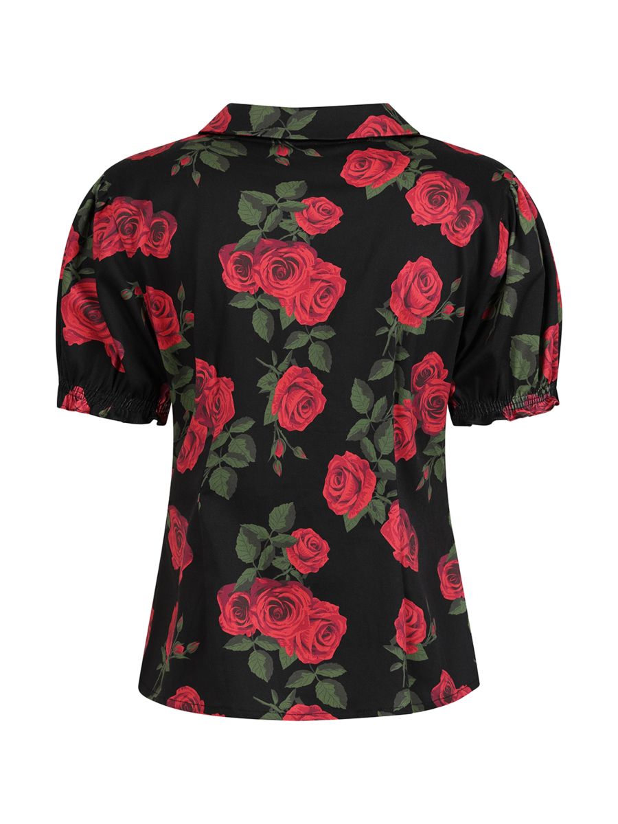 Banned Lilly Romantic Roses Blouse - 50s Style Peter Pan Collar Fitted Top-Black