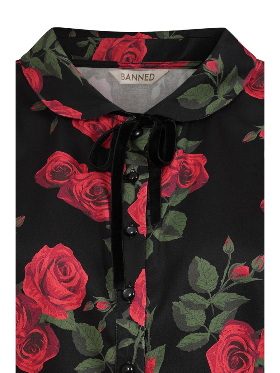Banned Lilly Romantic Roses Blouse - 50s Style Peter Pan Collar Fitted Top-Black