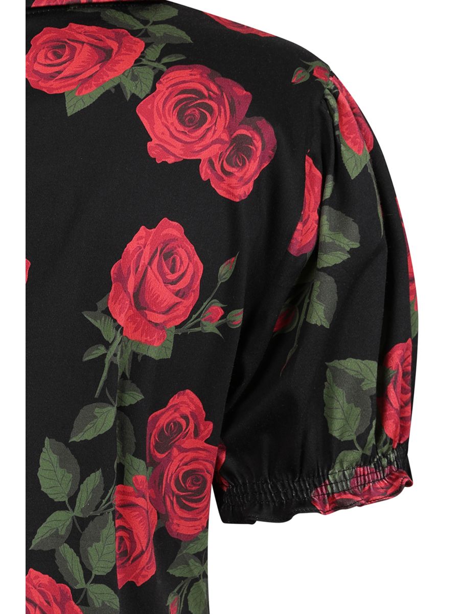 Banned Lilly Romantic Roses Blouse - 50s Style Peter Pan Collar Fitted Top-Black