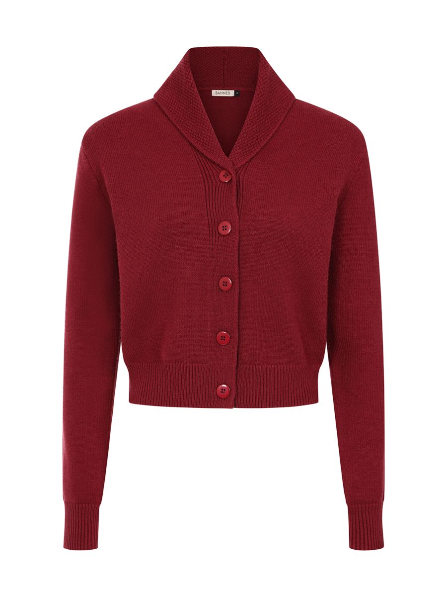 Banned Violet 40s/50s Crop Cardigan - Retro Style Shawl Collar Button-Up-Burgundy