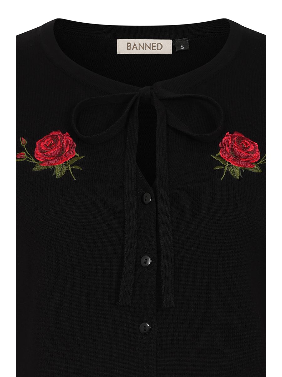 Banned Mia Rose Garden Cardigan - 50s Style Embroidered Bow Front Sweater-Black