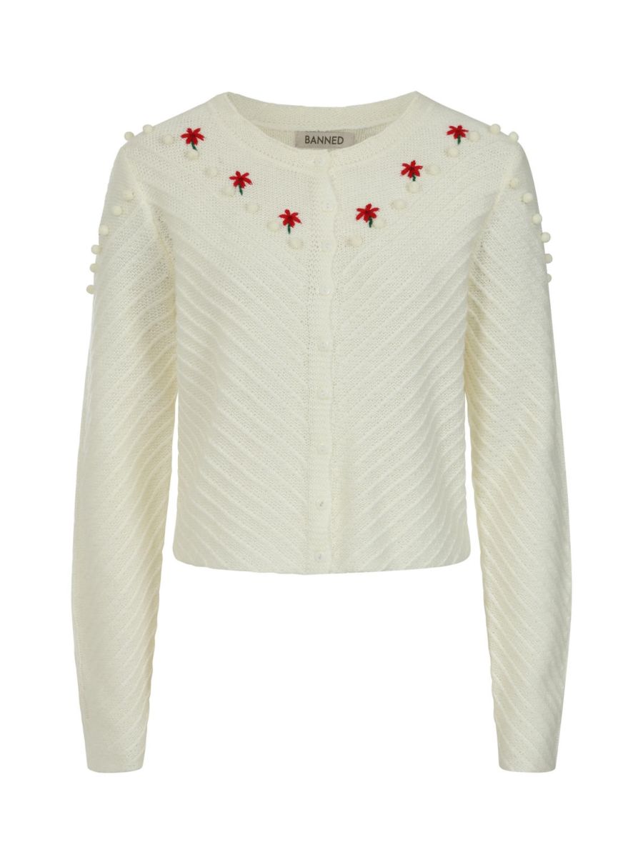 Banned Amelie Austrian Cardigan - 40s Style Pom Pom Embroidered Sweater-Ivory