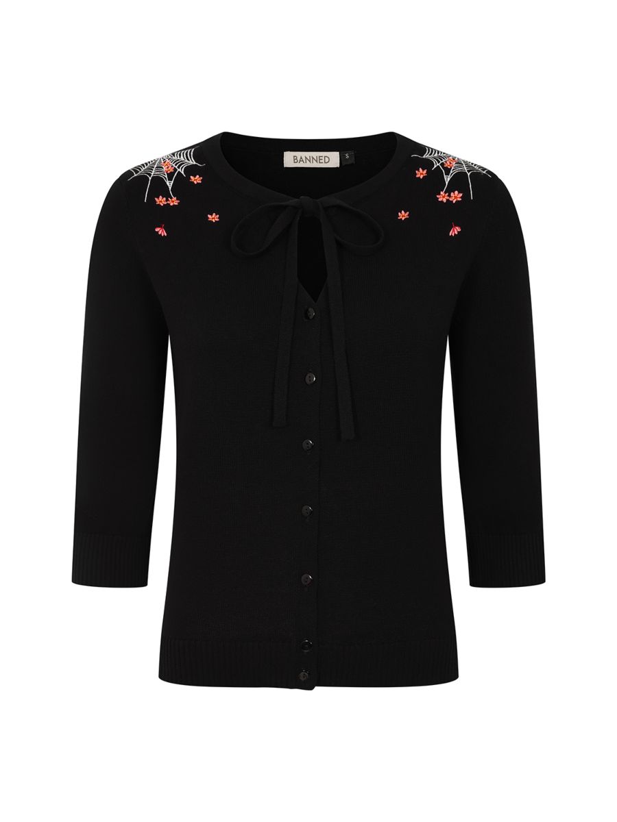 Banned Mia Spiderweb Blossom Cardigan - 50s Style Gothic Floral Bow Front Sweater-Black