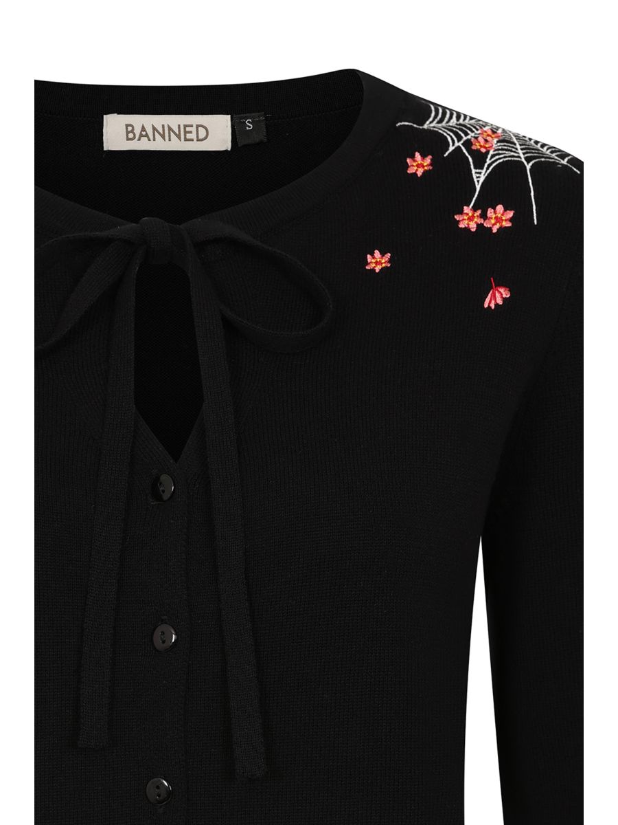 Banned Mia Spiderweb Blossom Cardigan - 50s Style Gothic Floral Bow Front Sweater-Black