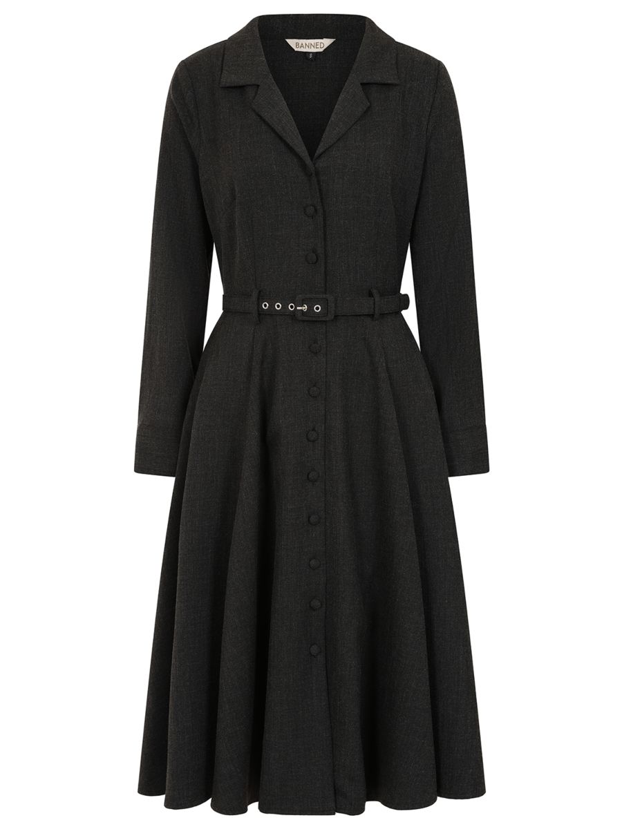 BANNED Retro Marigold Button-Up Dress with Belt and Pockets-Grey