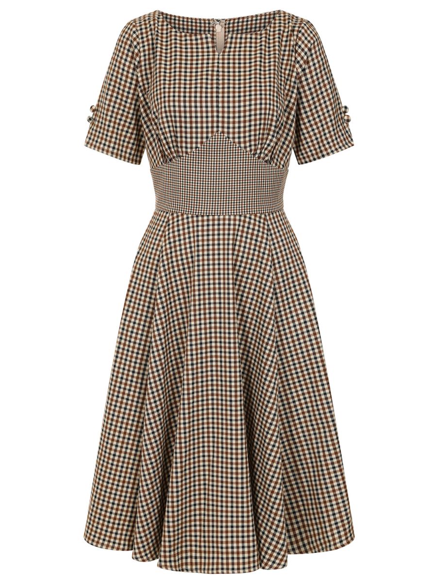 BANNED Retro Vilma Plaid Dress with Side Pockets-Beige