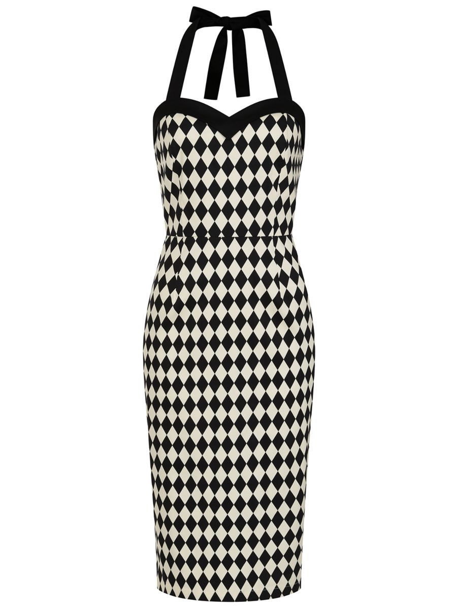 BANNED Retro Rhona Harlequin Pencil Dress with Sweetheart Neckline-Black/White
