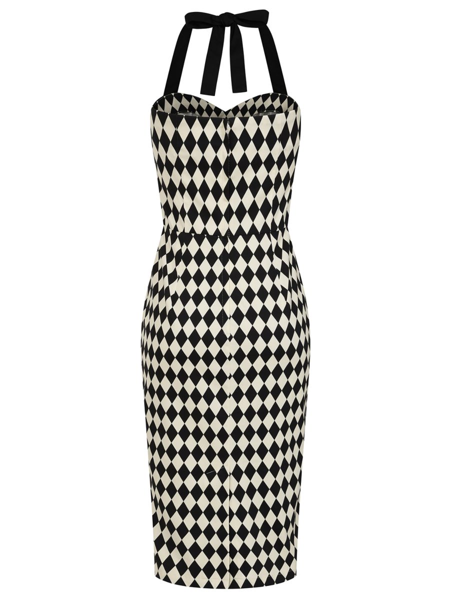 BANNED Retro Rhona Harlequin Pencil Dress with Sweetheart Neckline-Black/White