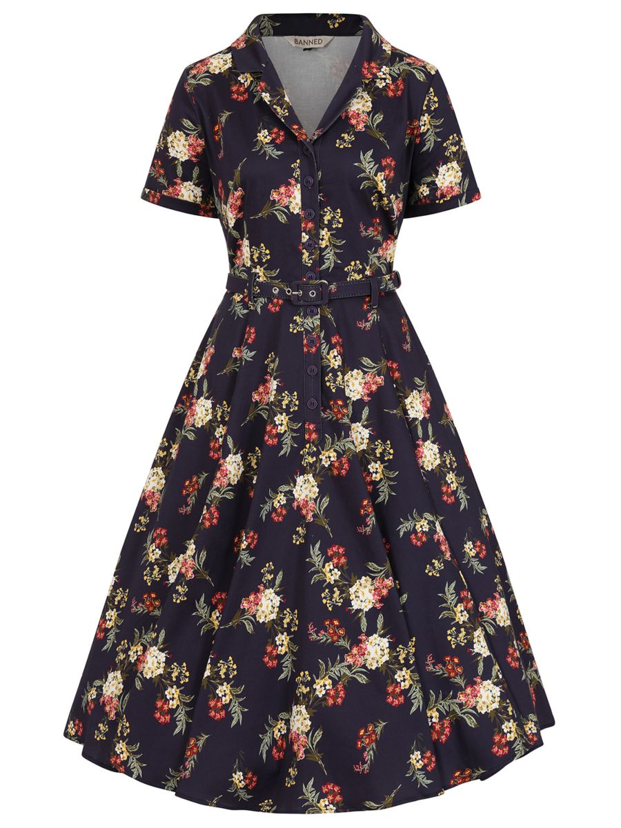 BANNED Retro Bella Romantic Floral Swing Dress-Blue