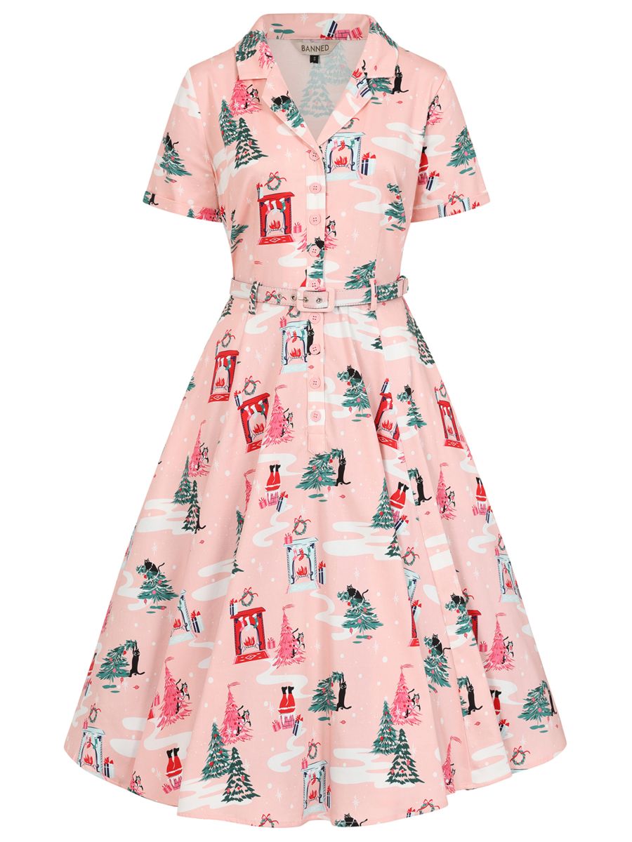 BANNED Retro Bella Puurfect Christmas Swing Dress with Pockets-Pink
