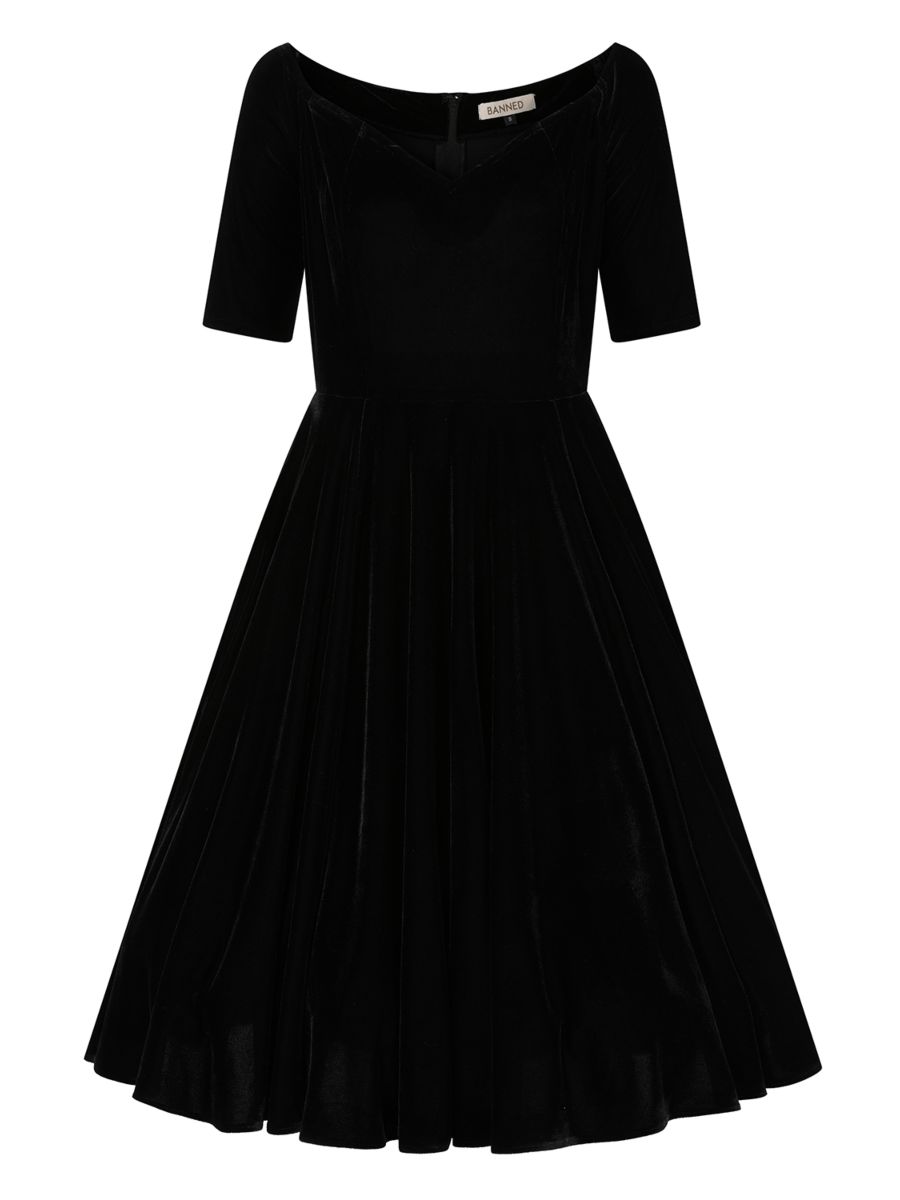 BANNED Retro Amalia Off-Shoulder Velvet Swing Dress-Black
