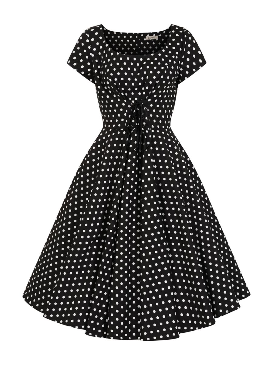 BANNED RETRO Lola Polka Dots Swing Black Dress with Pockets.-Black