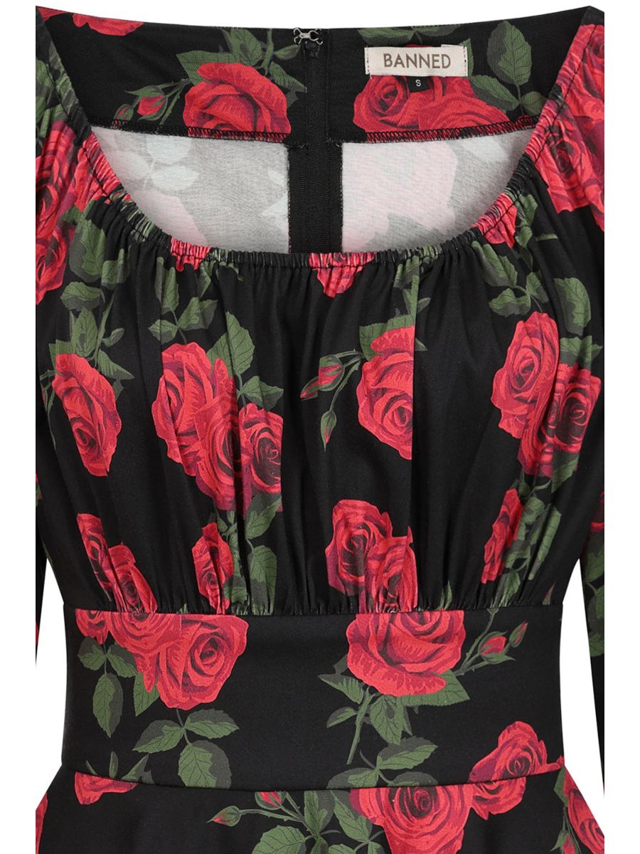 Banned Mina Romantic Roses Swing Dress - 50s Style Floral Circle Dress-Black