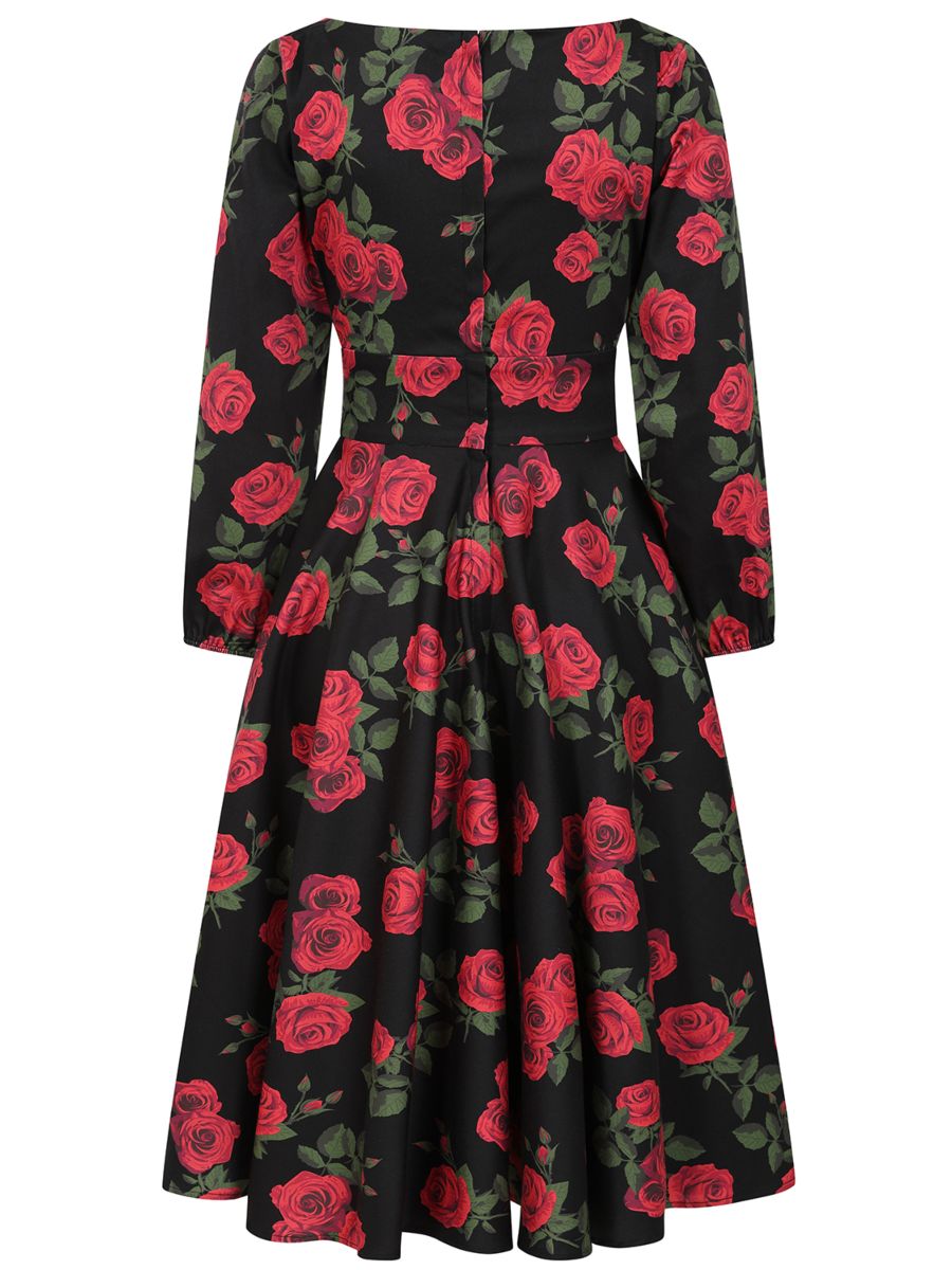 Banned Mina Romantic Roses Swing Dress - 50s Style Floral Circle Dress-Black