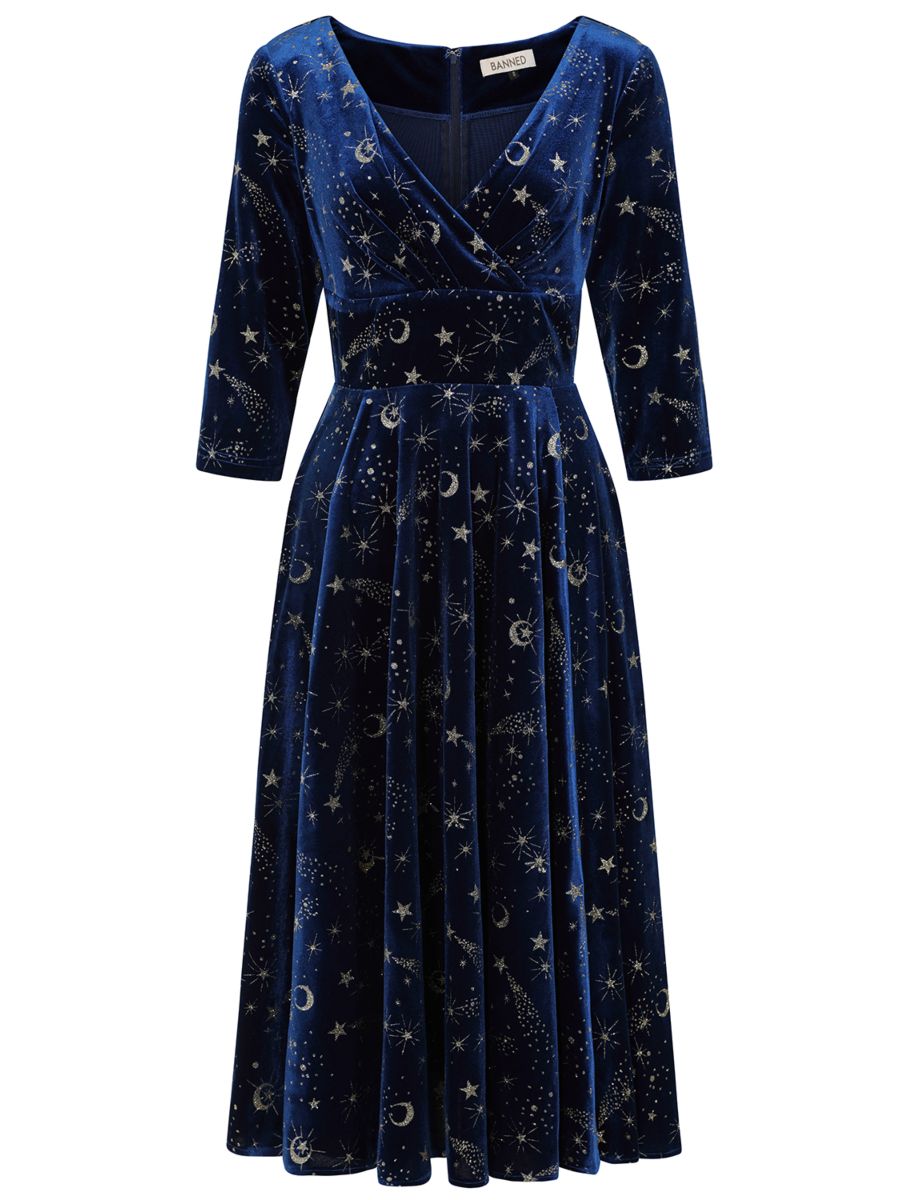 Banned Luna Celestial Glitter Swing Dress - Vintage 50s Style Galaxy Print V-Neck Dress-Blue