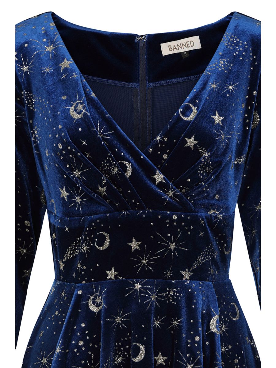 Banned Luna Celestial Glitter Swing Dress - Vintage 50s Style Galaxy Print V-Neck Dress-Blue