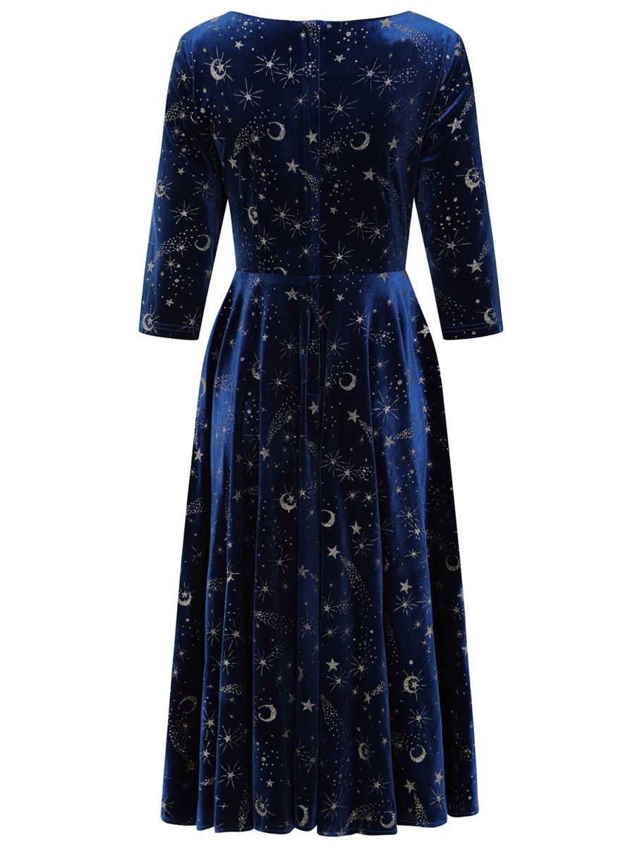 Banned Luna Celestial Glitter Swing Dress - Vintage 50s Style Galaxy Print V-Neck Dress-Blue