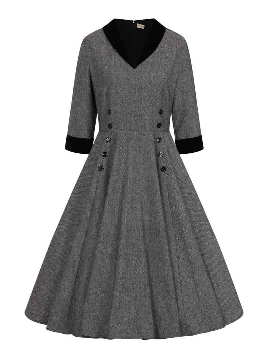 Banned Sylvia Herringbone Secretary Dress - Vintage 50s Style Contrast Collar Swing Dress-Grey