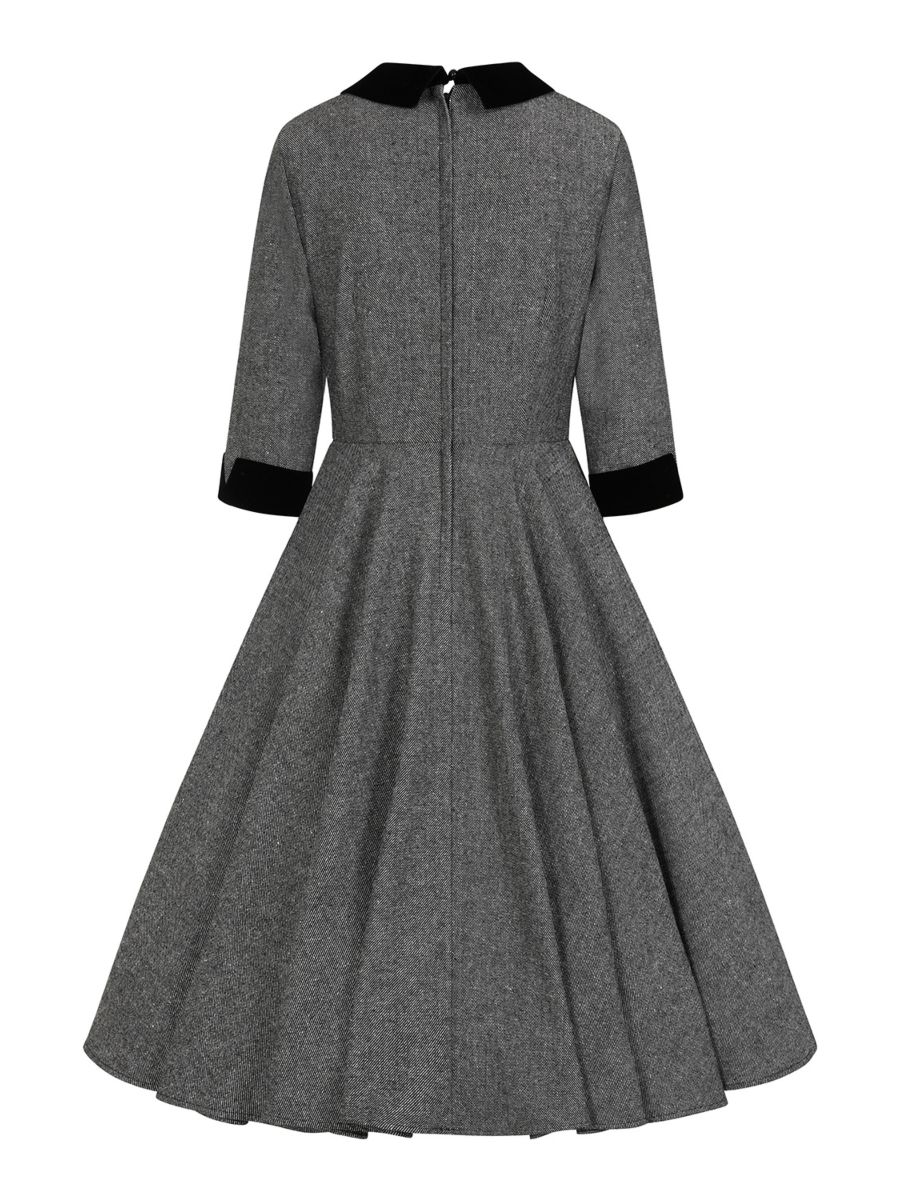 Banned Sylvia Herringbone Secretary Dress - Vintage 50s Style Contrast Collar Swing Dress-Grey