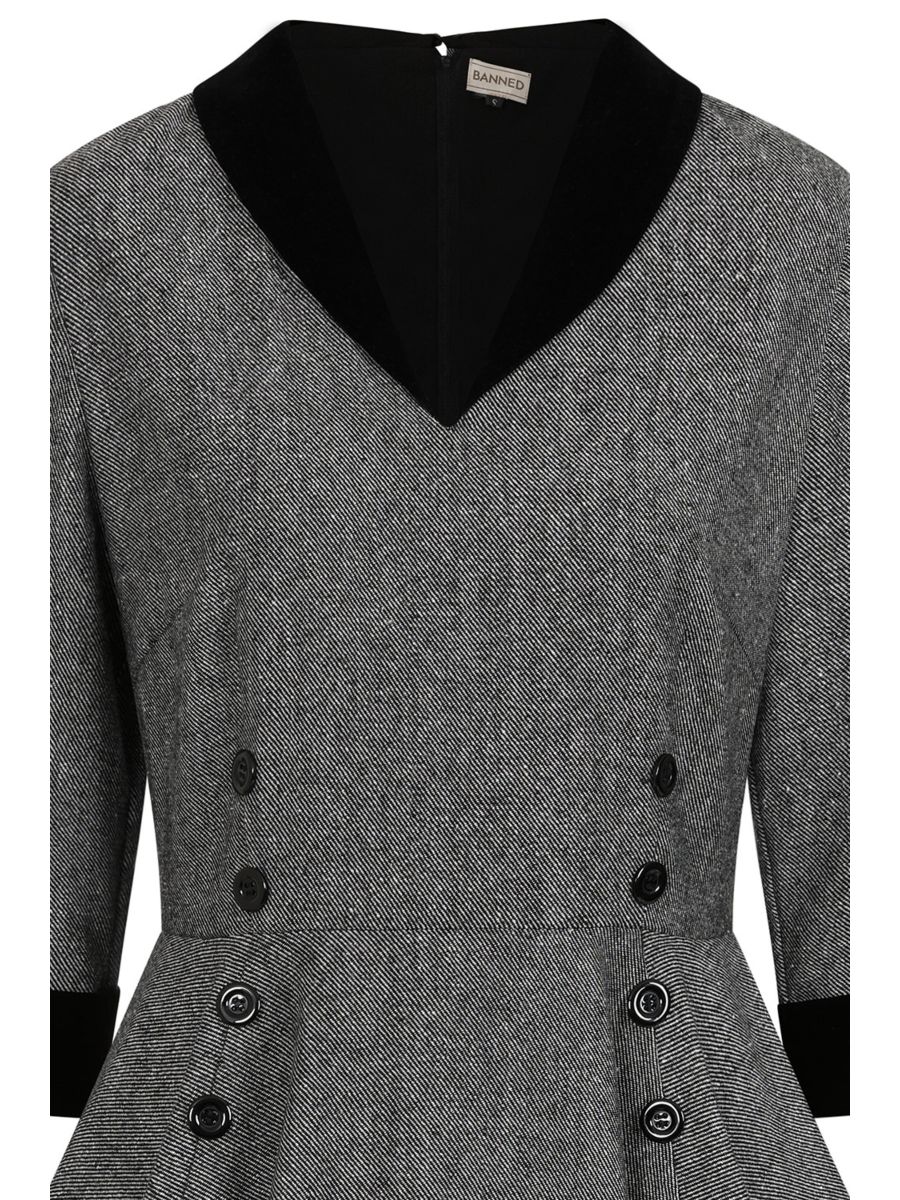 Banned Sylvia Herringbone Secretary Dress - Vintage 50s Style Contrast Collar Swing Dress-Grey