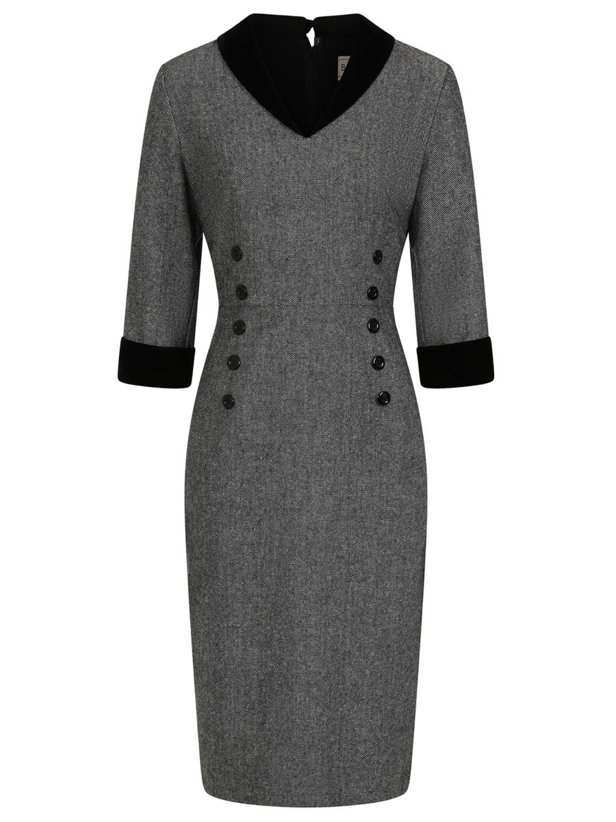 Banned Sylvia Herringbone Pencil Dress - Vintage 50s Secretary Style Office Dress-Grey
