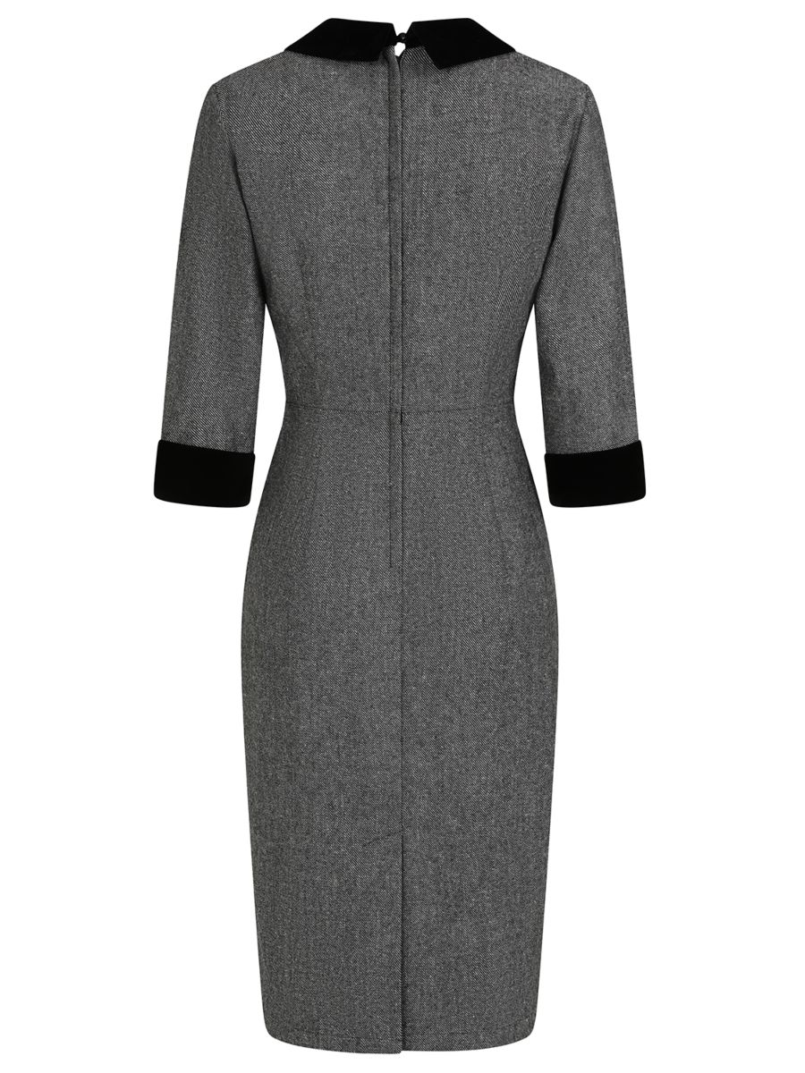 Banned Sylvia Herringbone Pencil Dress - Vintage 50s Secretary Style Office Dress-Grey