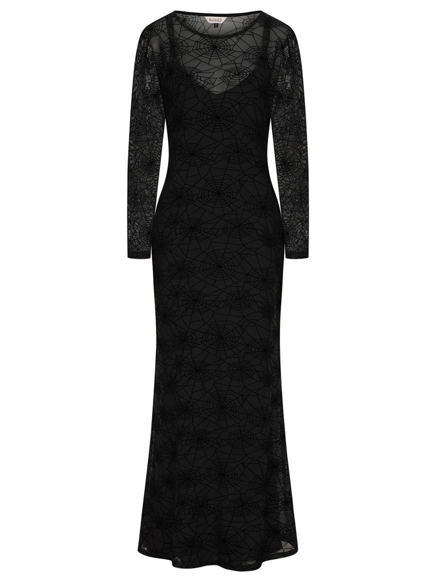 Banned Moira Gothic Spiderweb Mesh Maxi Dress with Long Sleeves - Double Layer Fitted Gown-Black