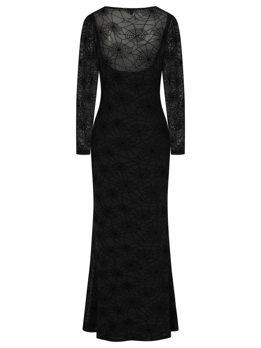 Banned Moira Gothic Spiderweb Mesh Maxi Dress with Long Sleeves - Double Layer Fitted Gown-Black