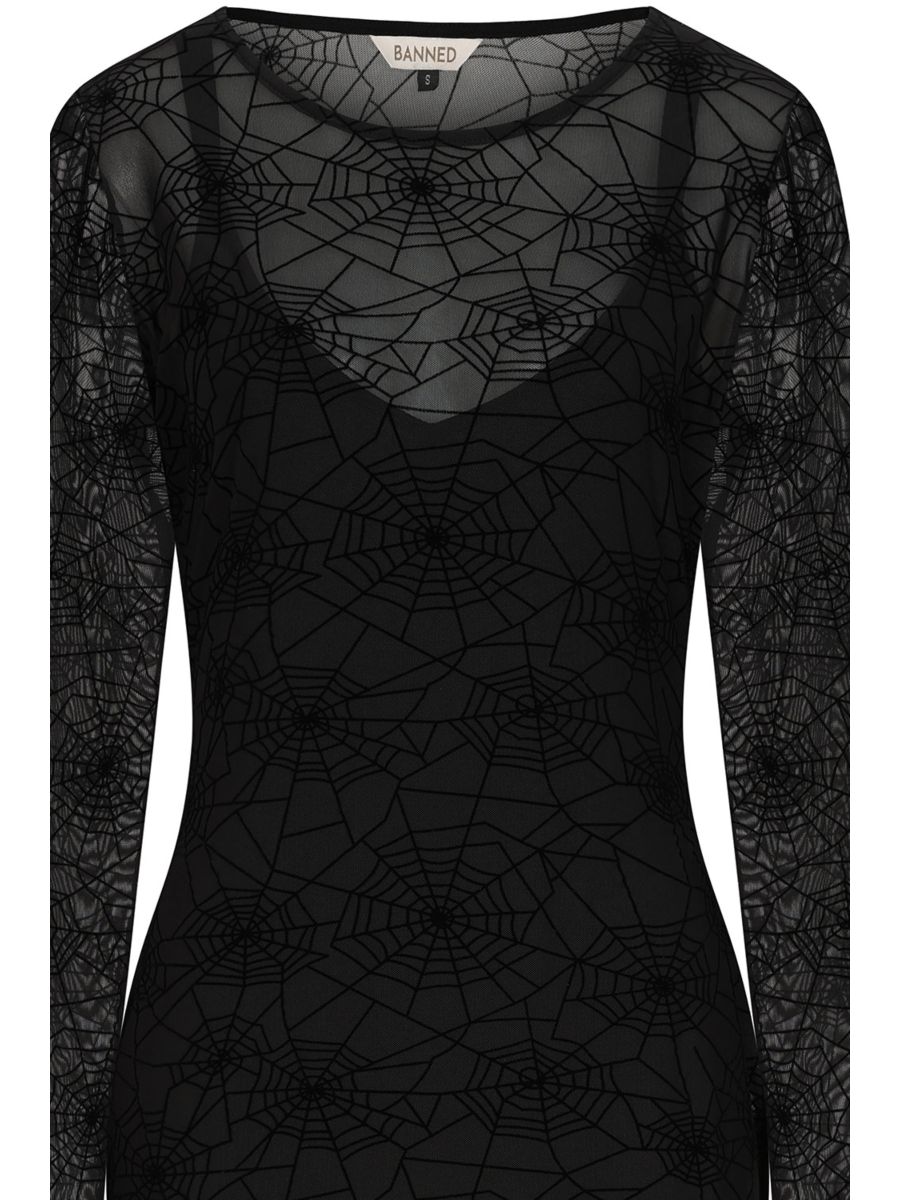 Banned Moira Gothic Spiderweb Mesh Maxi Dress with Long Sleeves - Double Layer Fitted Gown-Black