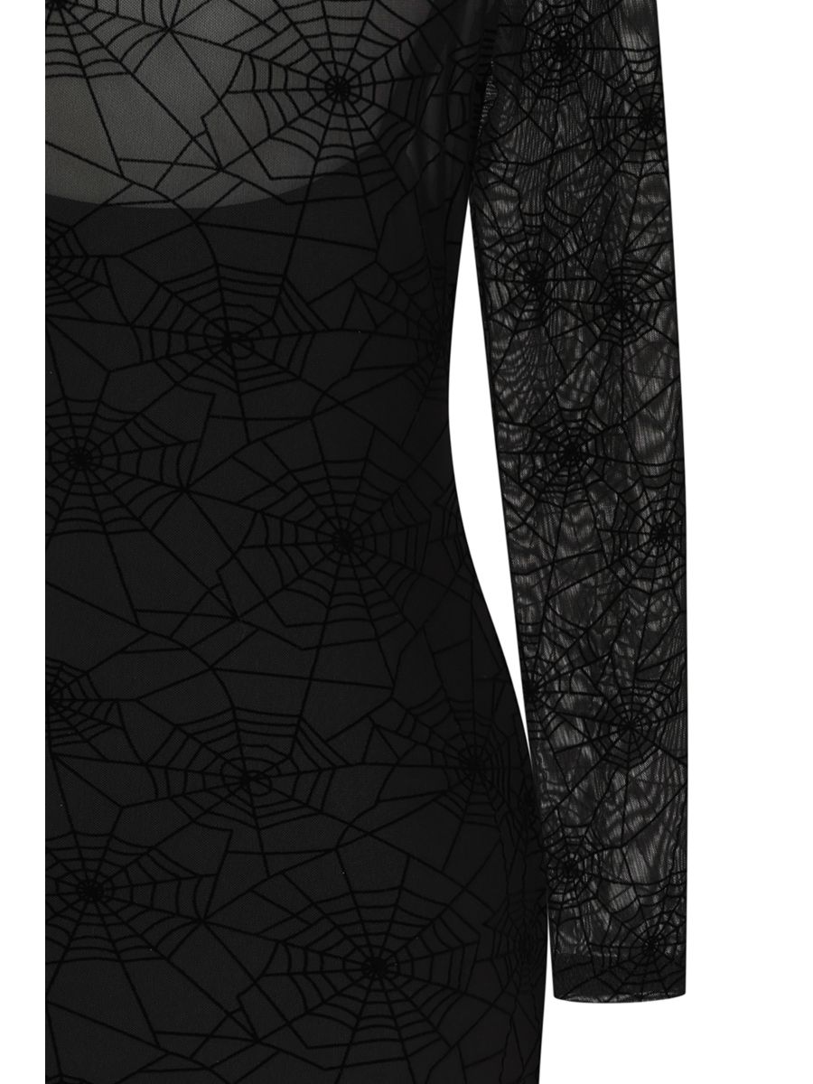 Banned Moira Gothic Spiderweb Mesh Maxi Dress with Long Sleeves - Double Layer Fitted Gown-Black