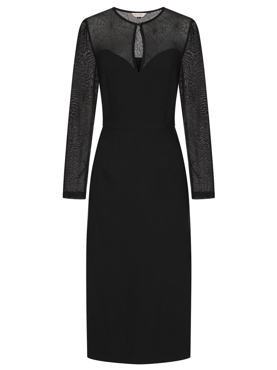 BANNED Elvira Gothic Spiderweb Maxi Dress with Mesh Sleeves-Black