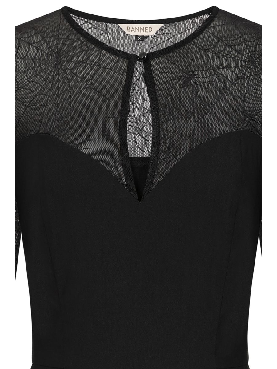 BANNED Elvira Gothic Spiderweb Maxi Dress with Mesh Sleeves-Black
