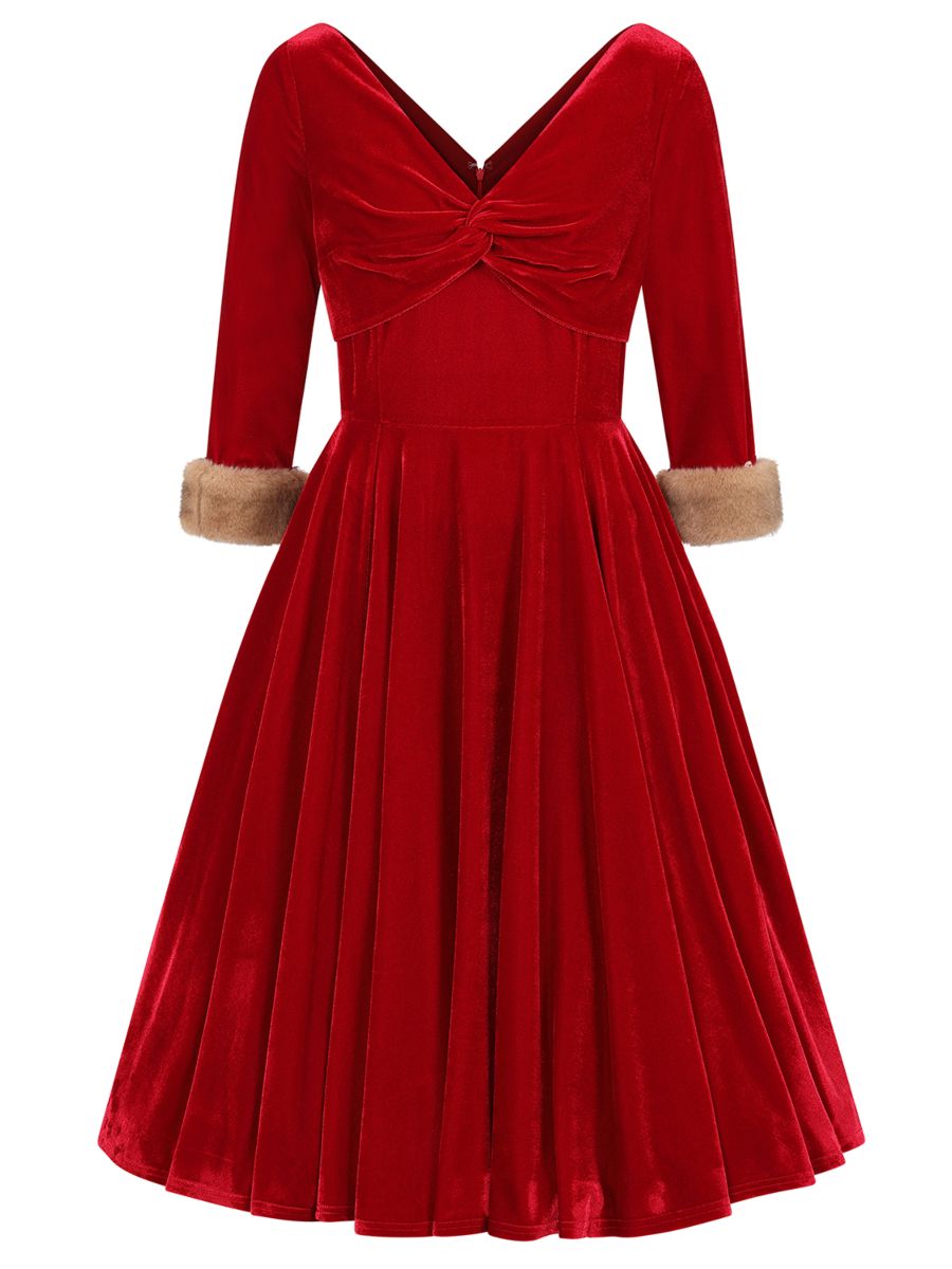 Banned Nina Velvet and Fur Swing Dress - 50s Style Twisted Bodice Circle Dress-Red