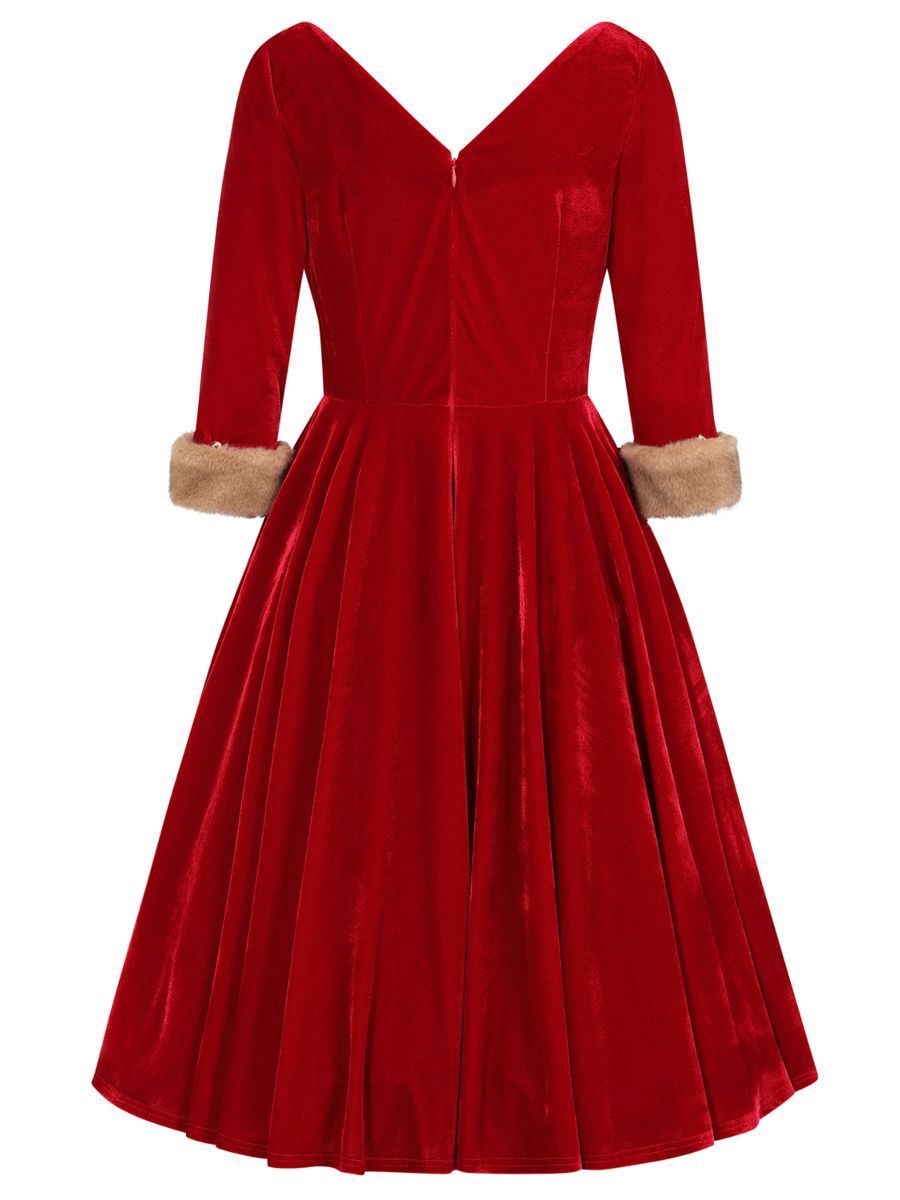 Banned Nina Velvet and Fur Swing Dress - 50s Style Twisted Bodice Circle Dress-Red