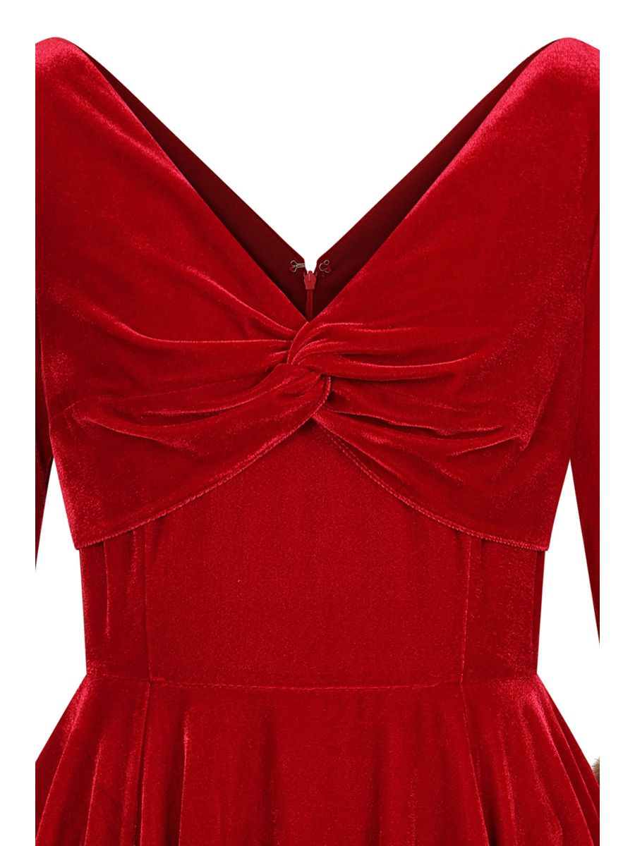 Banned Nina Velvet and Fur Swing Dress - 50s Style Twisted Bodice Circle Dress-Red