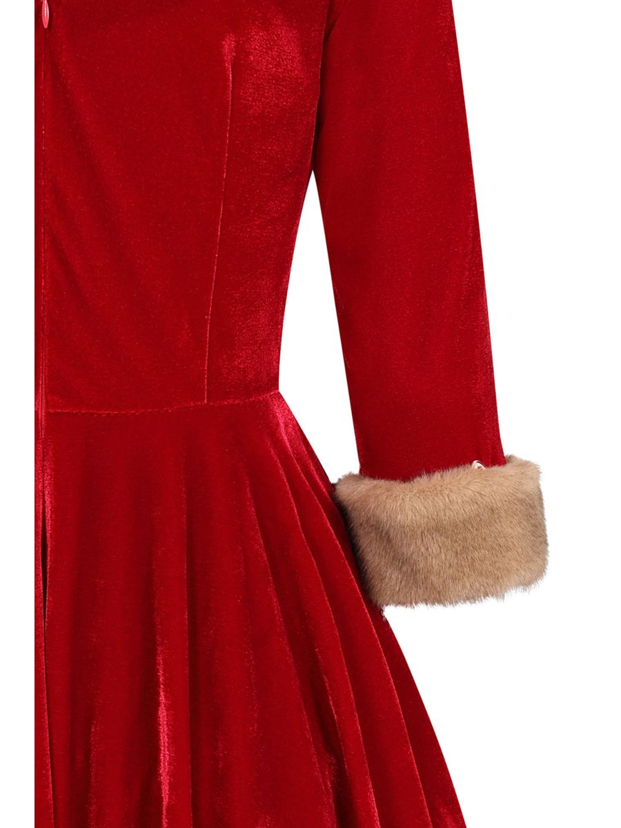 Banned Nina Velvet and Fur Swing Dress - 50s Style Twisted Bodice Circle Dress-Red