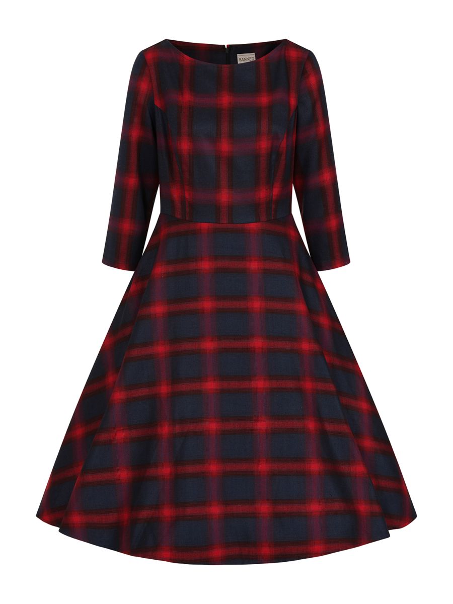Banned retro Barbara Christmas Checks Swing Dress with pockets-Red/Blue