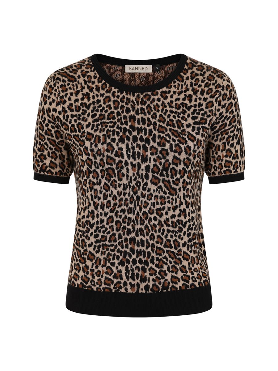 Banned Sheena Leopard Jacquard Jumper - Rockabilly Style Cheetah Pattern Sweater-Leopard