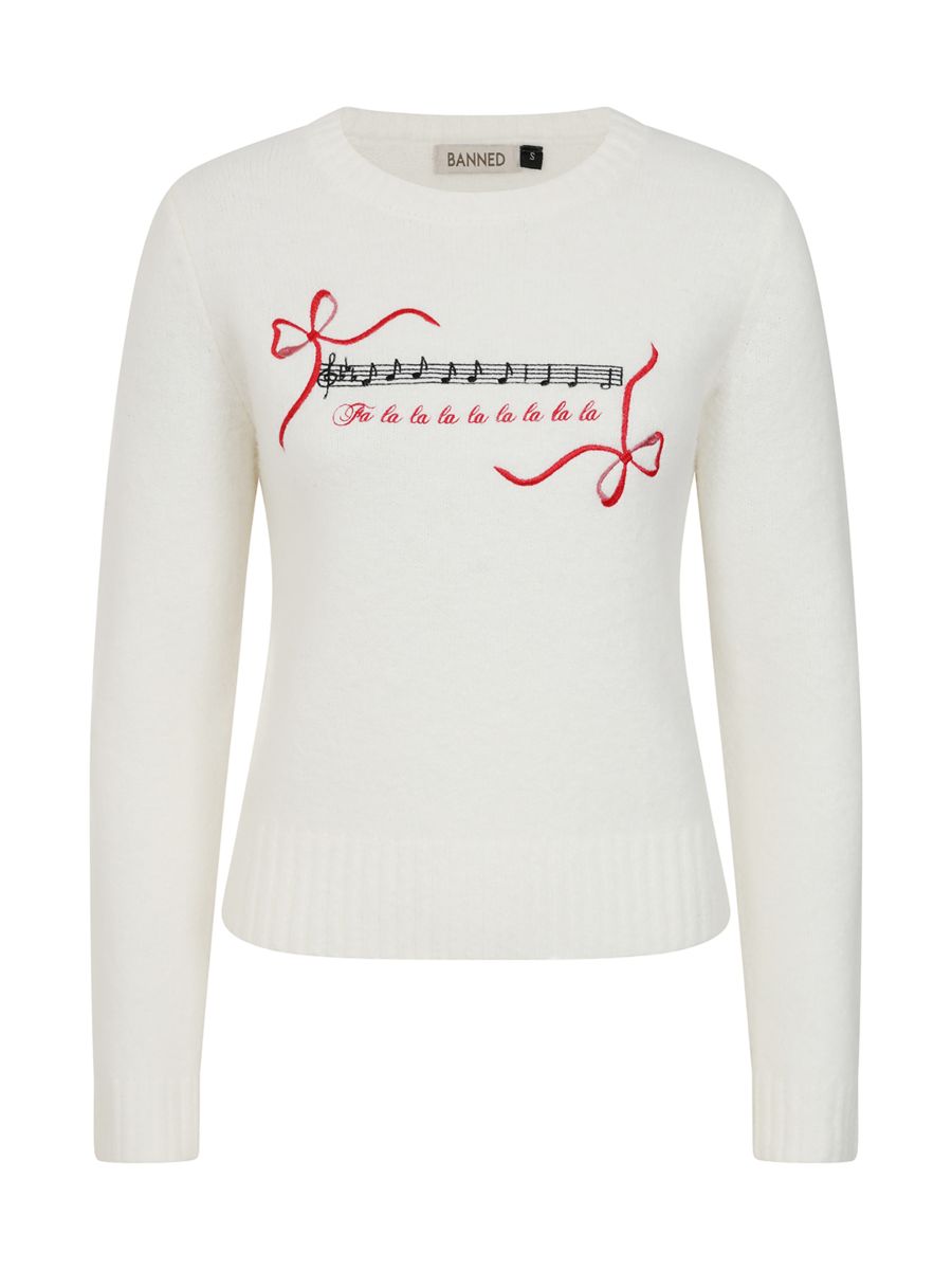 Banned Natalia Christmas Carol Jumper - 50s Style Embroidered Holiday Sweater-Ivory