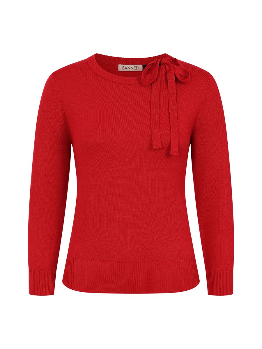 Banned Bella Bow Knit Jumper - 50s Style Keyhole Collar Sweater-Red