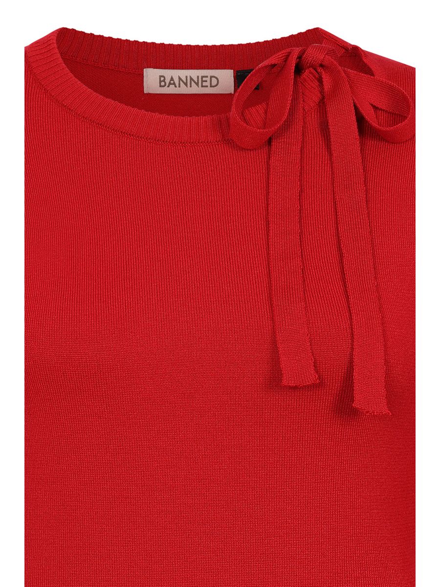 Banned Bella Bow Knit Jumper - 50s Style Keyhole Collar Sweater-Red