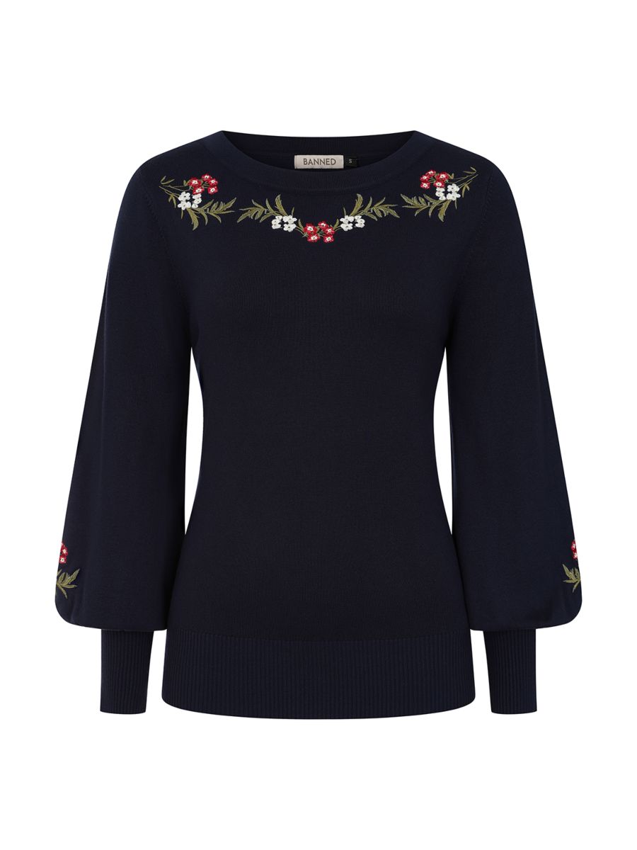 Banned Carla Romantic Floral Jumper - 70s Style Victorian Sleeve Sweater-Navy