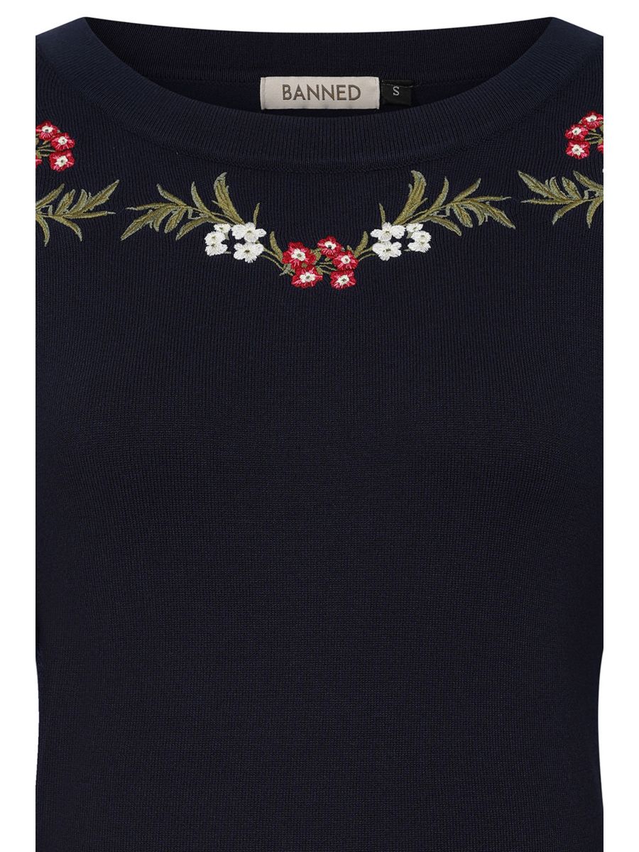 Banned Carla Romantic Floral Jumper - 70s Style Victorian Sleeve Sweater-Navy