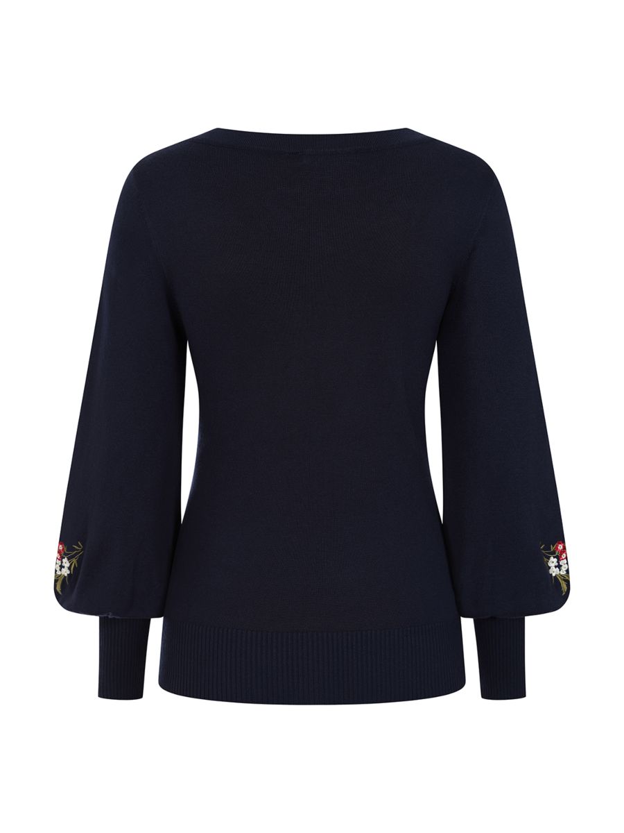 Banned Carla Romantic Floral Jumper - 70s Style Victorian Sleeve Sweater-Navy