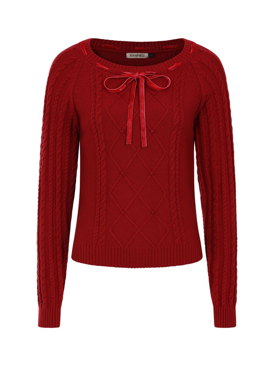 Banned Mona Cable Knit Jumper - 40s Style Vintage Sweater-Red