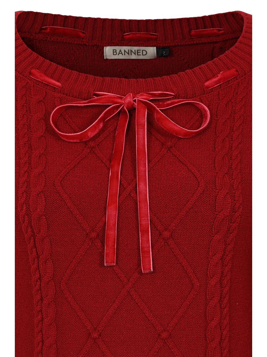 Banned Mona Cable Knit Jumper - 40s Style Vintage Sweater-Red