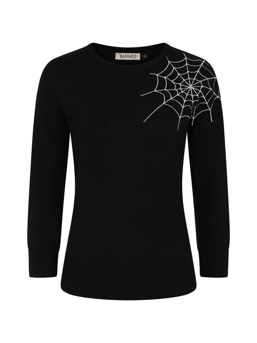 Banned Alina Spiderweb Jumper - 40s Style Gothic Embroidered Sweater-Black