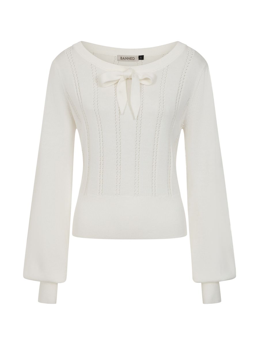 Banned Angel 40s Pointelle Knit Jumper - Crew Neck Pussy Bow Balloon Sleeve Sweater-OffWhite