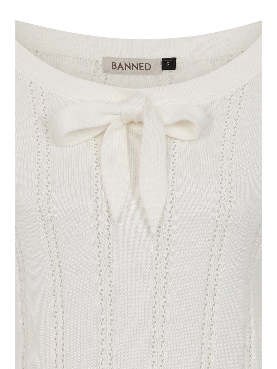 Banned Angel 40s Pointelle Knit Jumper - Crew Neck Pussy Bow Balloon Sleeve Sweater-OffWhite